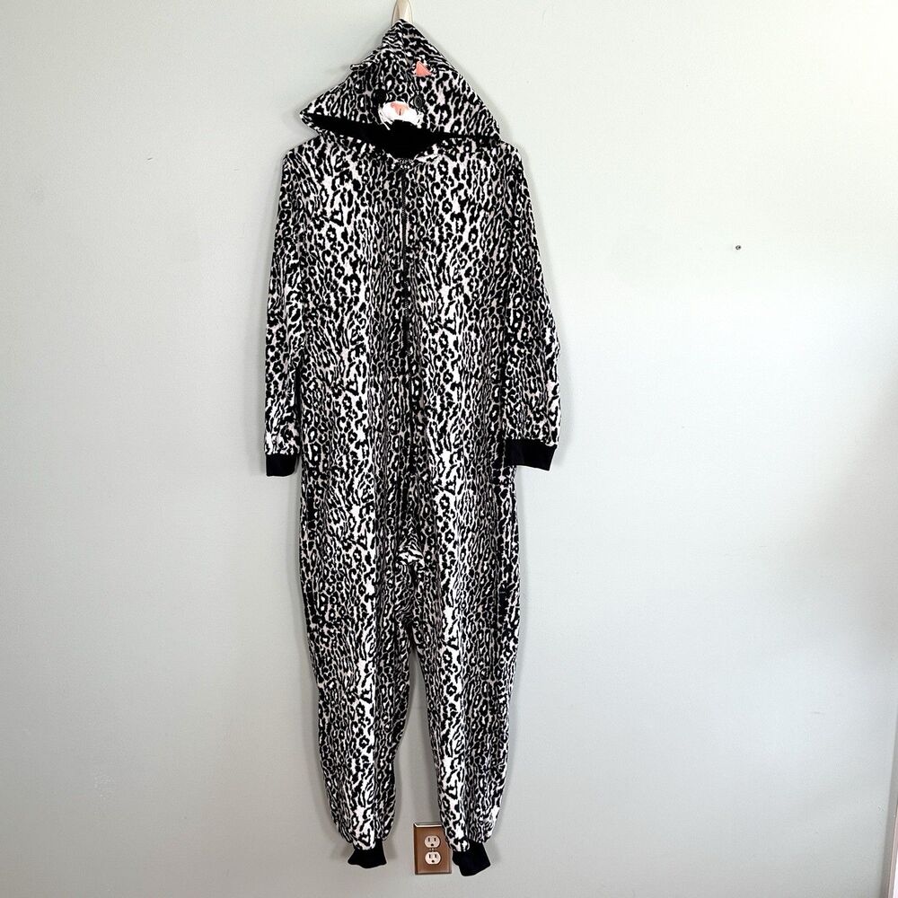 Nick & Nora One Piece Hooded Cat Pajamas Large Zip Fleece Animal Print Sleepwear